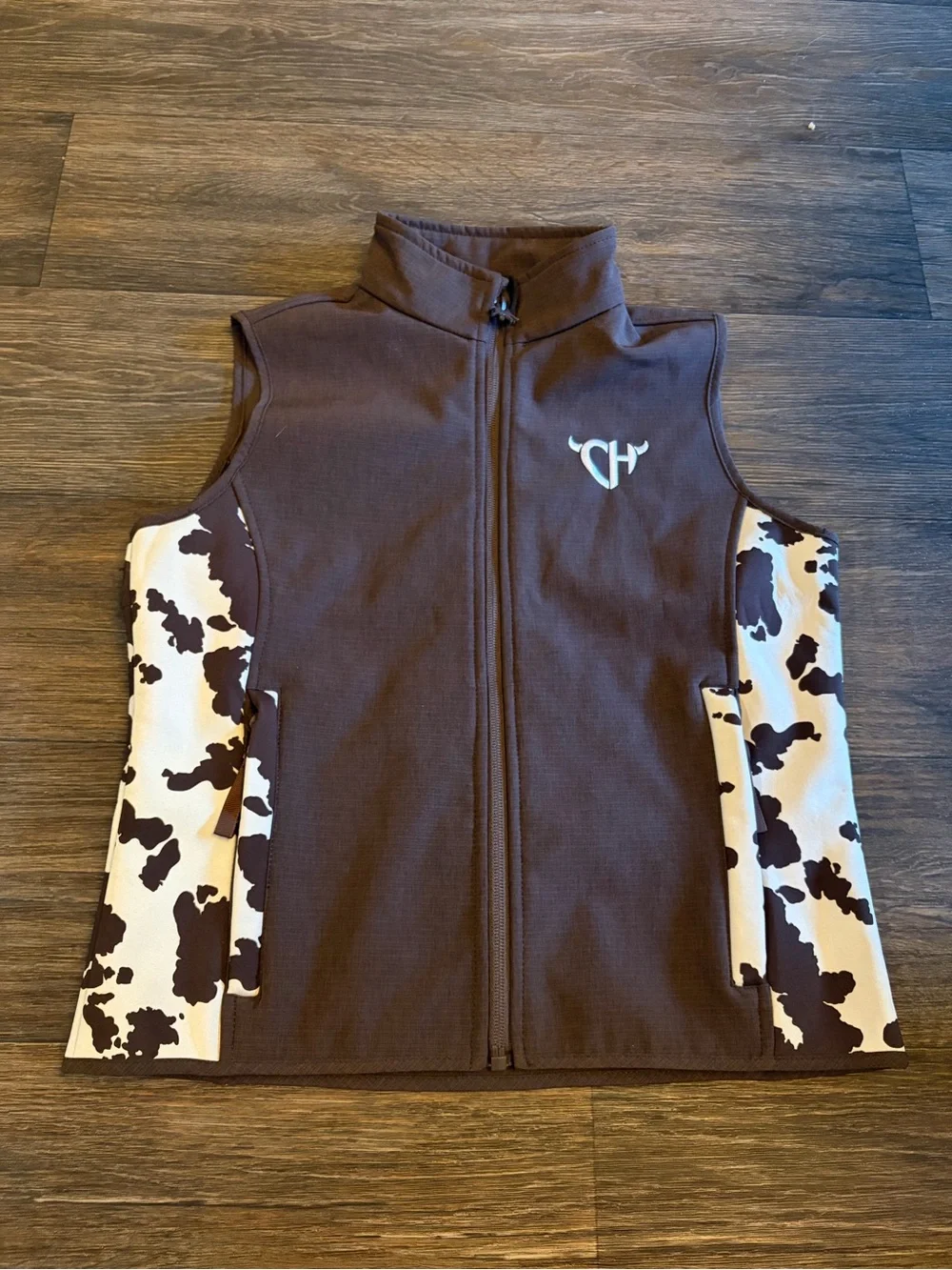 Cowgirl Hardware Girls Brown Cow Print Vest Poly Shell Size M 7-8 Full Zip